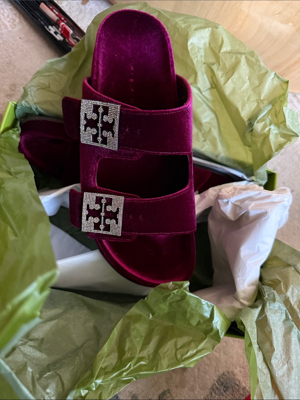 Tory Burch Velvet Double-Strap Slide Sandals in Deep Magenta with Crystal Logo